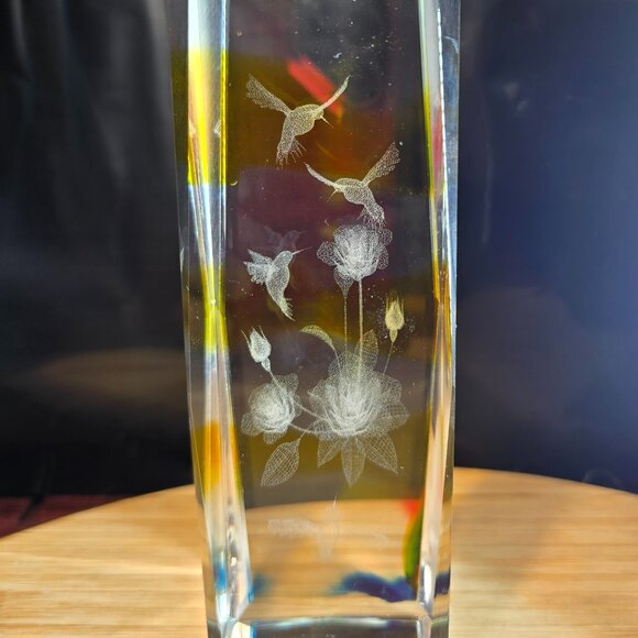 Vintage Art Glass Etched Hummingbird Rectangle Paperweight Bird & Flower - Picture 3 of 7